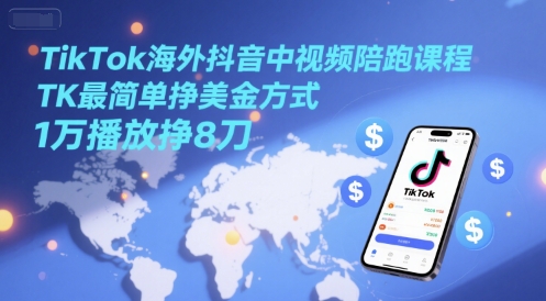 TikTok海外抖音中视频陪跑课程，TK最简单挣美金方式，1万播放挣8刀-星宇网